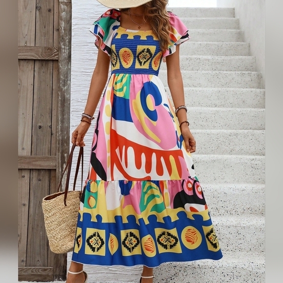 Women's Geometric Print V Neck Ruffle Short Sleeve Dress  - Picture 6 of 6